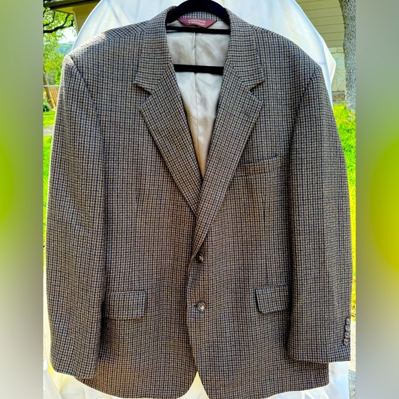Nordstroms Men's Classic Houndstooth 100 Wool Blazer Size 48R Tan‎ and Blue - Picture 1 of 4